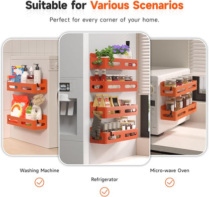 4-Pack Magnetic Spice Rack for Refrigerator with Hooks, Black | Strong multipurpose magnetic shelf for kitchen & bathroom organization. Includes 4 removable hooks for hanging items.