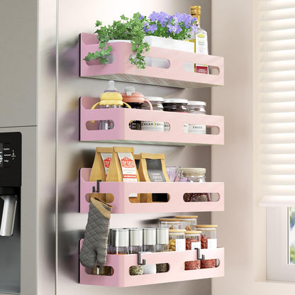 4-Pack Magnetic Spice Rack for Refrigerator with Hooks, Black | Strong multipurpose magnetic shelf for kitchen & bathroom organization. Includes 4 removable hooks for hanging items.