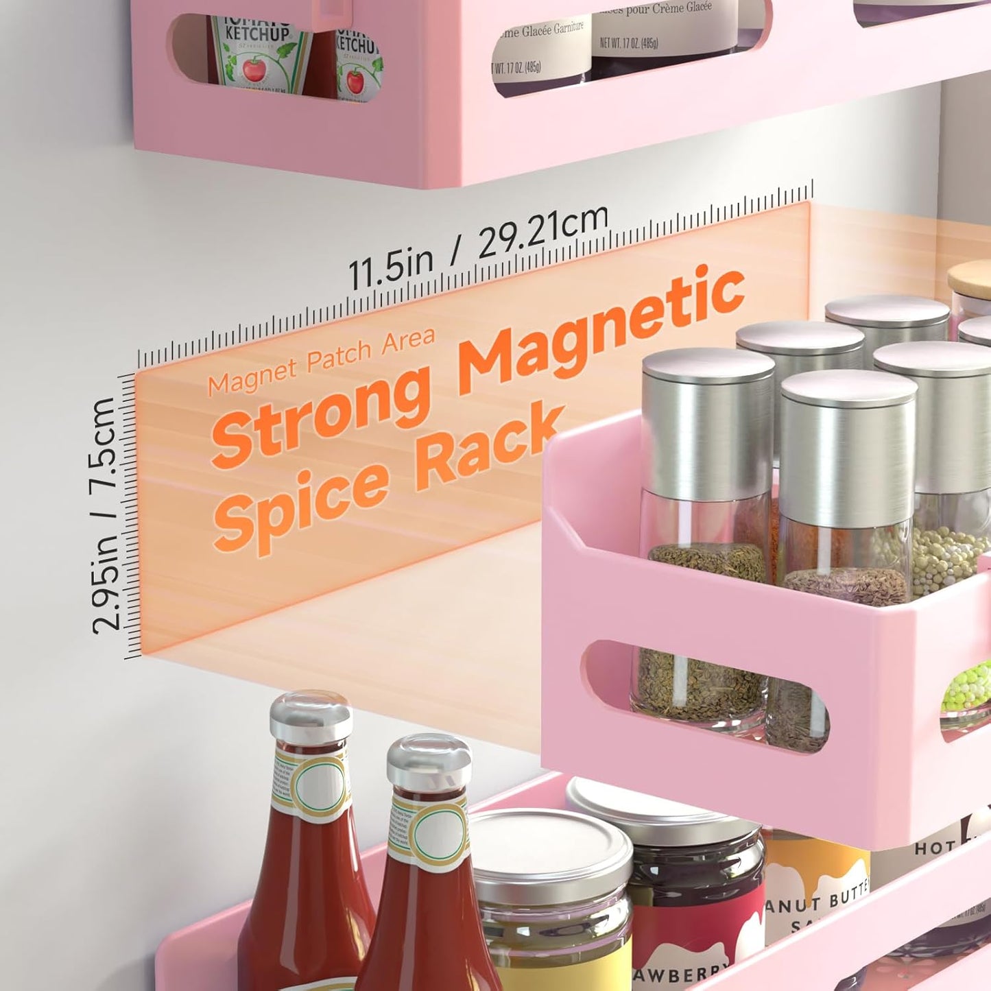 4-Pack Magnetic Spice Rack for Refrigerator with Hooks, Black | Strong multipurpose magnetic shelf for kitchen & bathroom organization. Includes 4 removable hooks for hanging items.