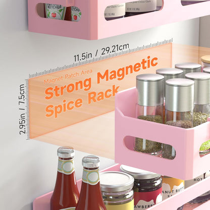 4-Pack Magnetic Spice Rack for Refrigerator with Hooks, Black | Strong multipurpose magnetic shelf for kitchen & bathroom organization. Includes 4 removable hooks for hanging items.