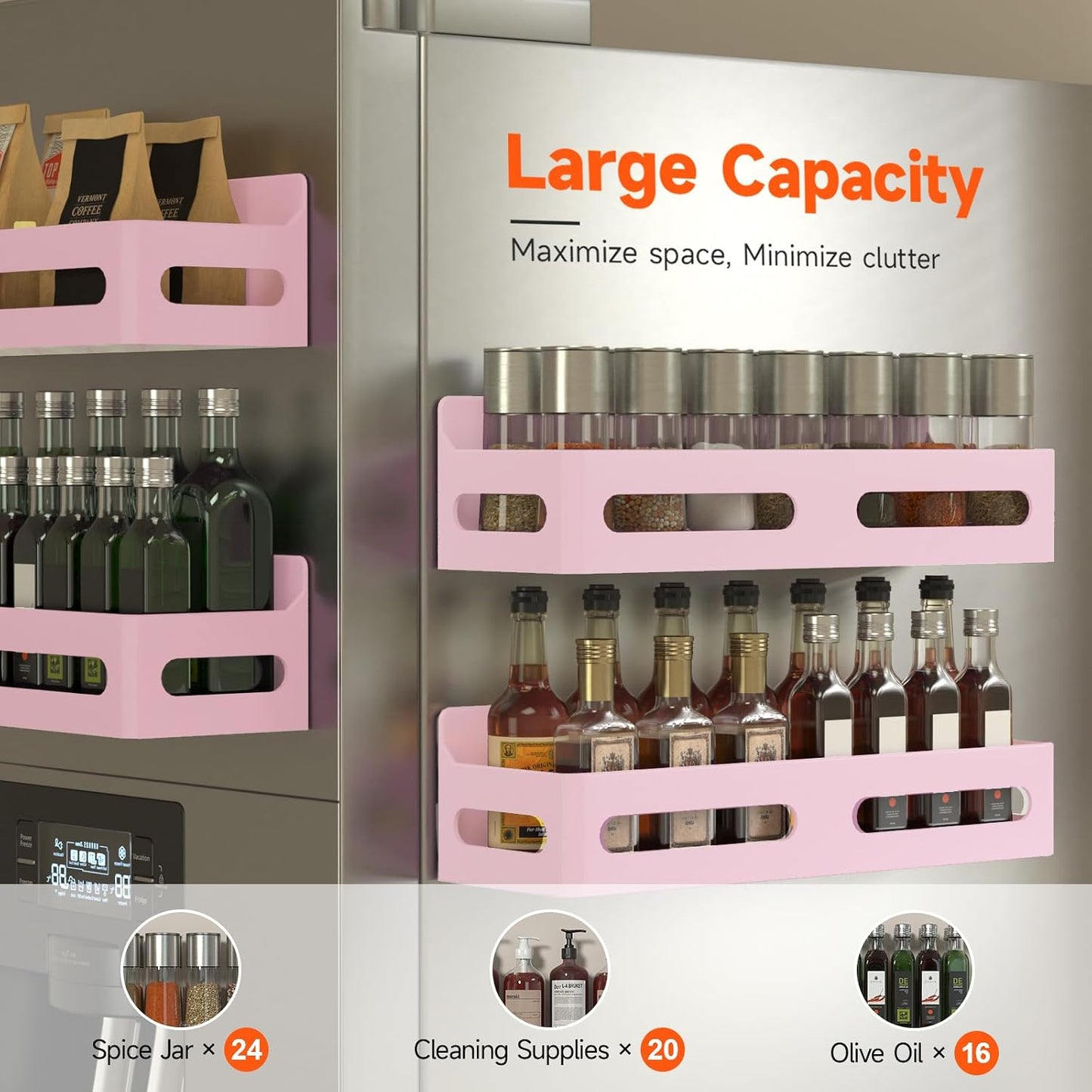 4-Pack Magnetic Spice Rack for Refrigerator with Hooks, Black | Strong multipurpose magnetic shelf for kitchen & bathroom organization. Includes 4 removable hooks for hanging items.