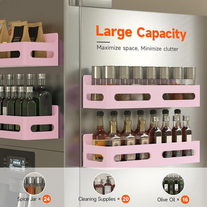 4-Pack Magnetic Spice Rack for Refrigerator with Hooks, Black | Strong multipurpose magnetic shelf for kitchen & bathroom organization. Includes 4 removable hooks for hanging items.