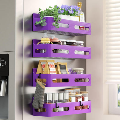 4-Pack Magnetic Spice Rack for Refrigerator with Hooks, Black | Strong multipurpose magnetic shelf for kitchen & bathroom organization. Includes 4 removable hooks for hanging items.