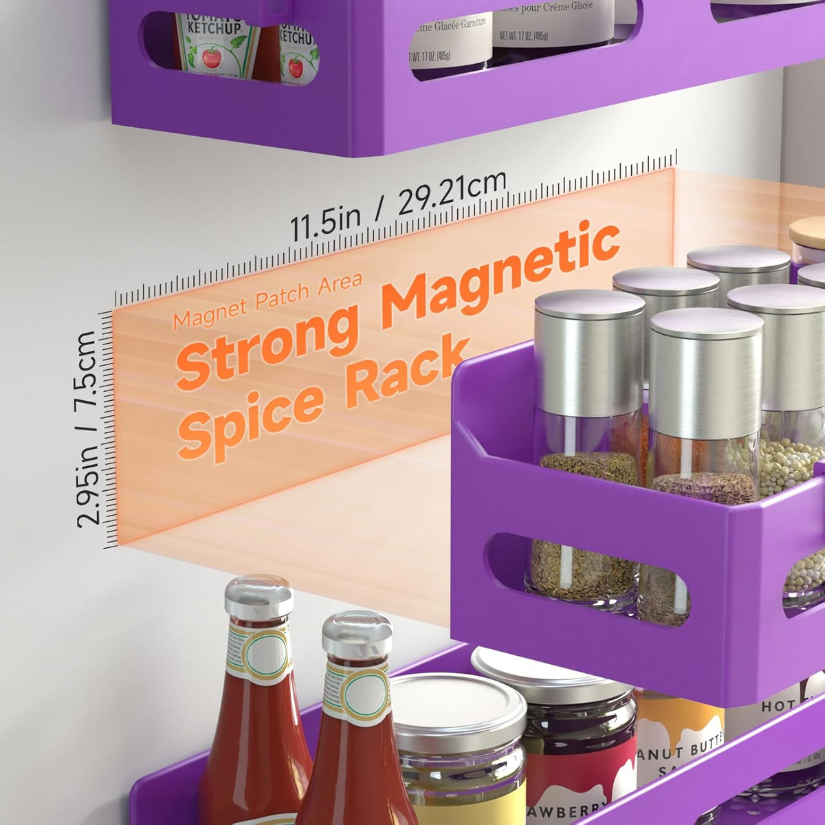 4-Pack Magnetic Spice Rack for Refrigerator with Hooks, Black | Strong multipurpose magnetic shelf for kitchen & bathroom organization. Includes 4 removable hooks for hanging items.