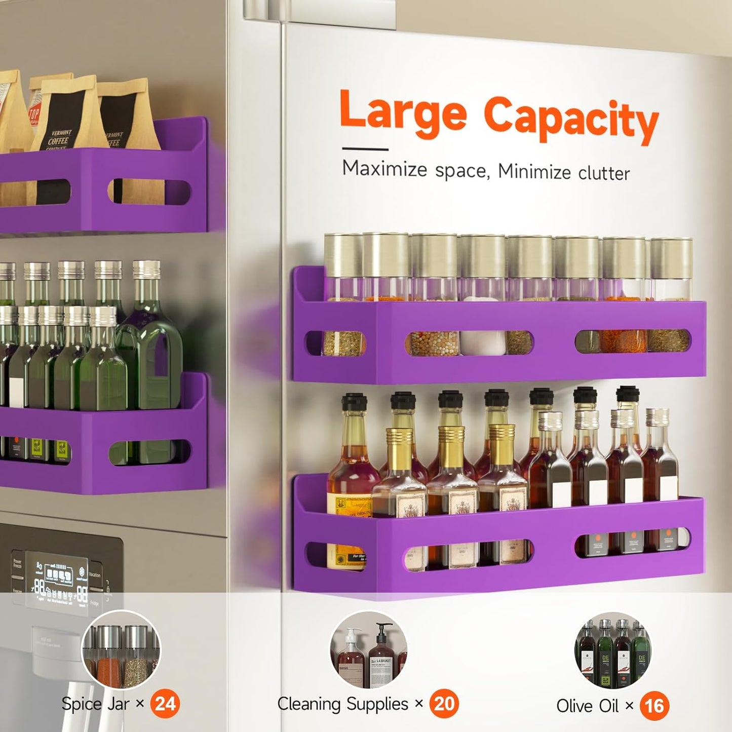 4-Pack Magnetic Spice Rack for Refrigerator with Hooks, Black | Strong multipurpose magnetic shelf for kitchen & bathroom organization. Includes 4 removable hooks for hanging items.