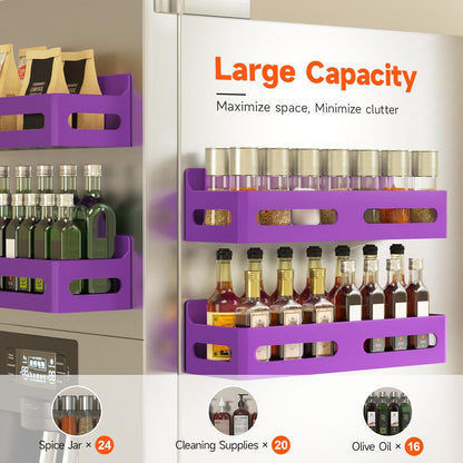 4-Pack Magnetic Spice Rack for Refrigerator with Hooks, Black | Strong multipurpose magnetic shelf for kitchen & bathroom organization. Includes 4 removable hooks for hanging items.