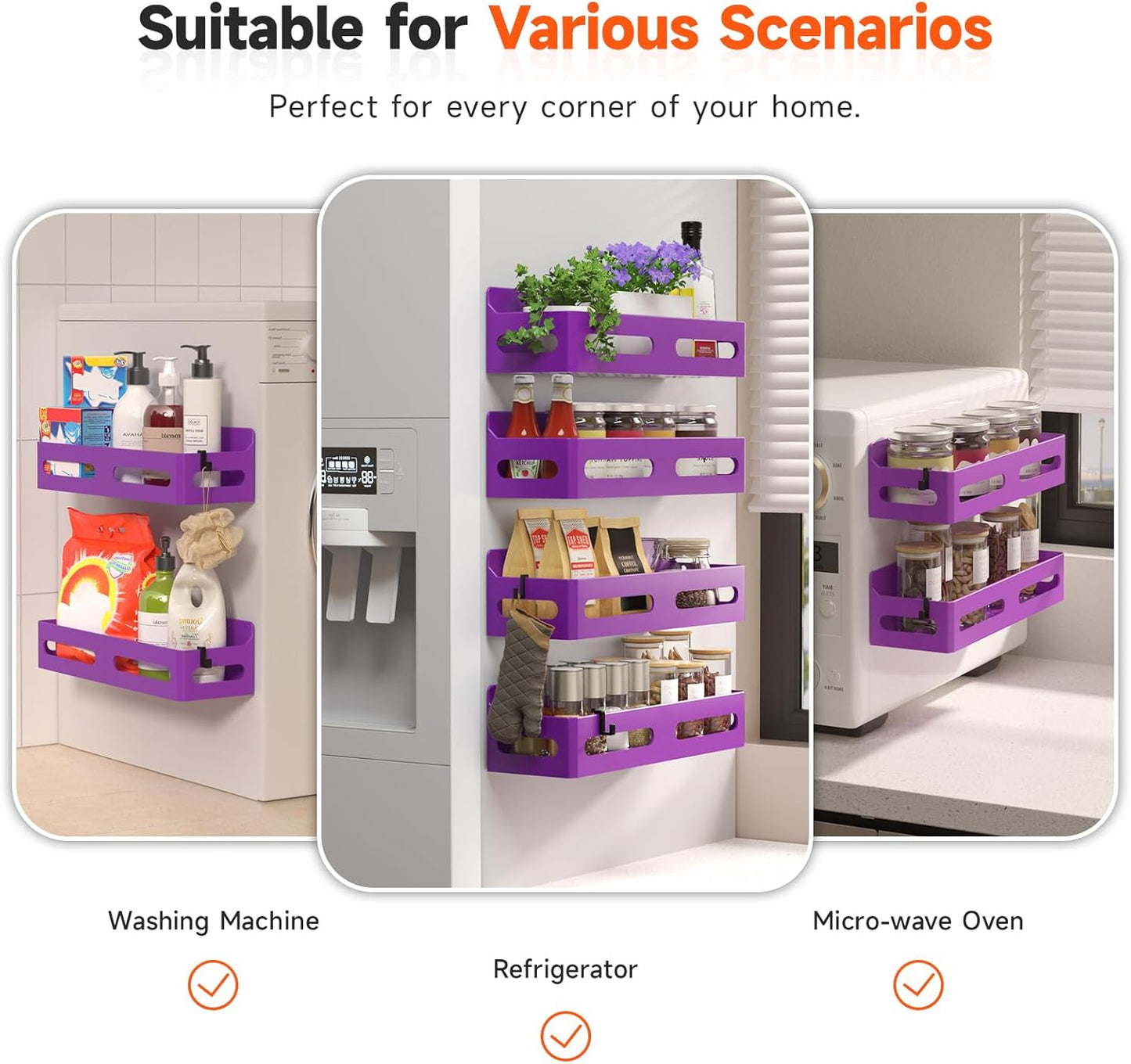 4-Pack Magnetic Spice Rack for Refrigerator with Hooks, Black | Strong multipurpose magnetic shelf for kitchen & bathroom organization. Includes 4 removable hooks for hanging items.
