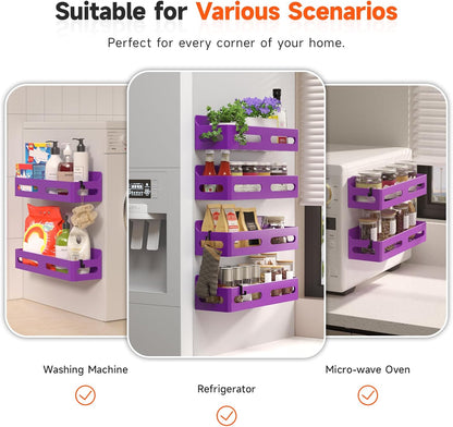4-Pack Magnetic Spice Rack for Refrigerator with Hooks, Black | Strong multipurpose magnetic shelf for kitchen & bathroom organization. Includes 4 removable hooks for hanging items.