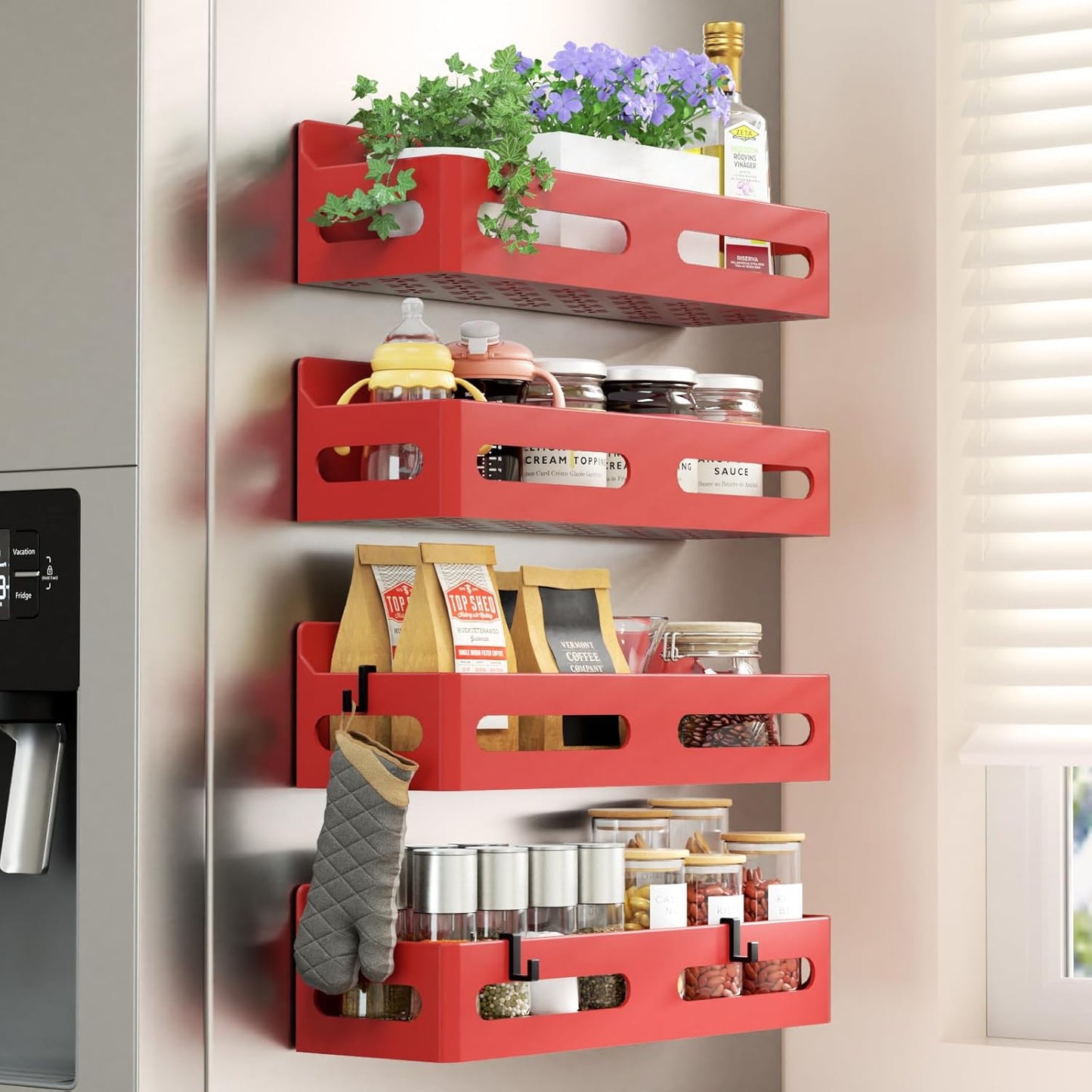 4-Pack Magnetic Spice Rack for Refrigerator with Hooks, Black | Strong multipurpose magnetic shelf for kitchen & bathroom organization. Includes 4 removable hooks for hanging items.