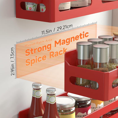 4-Pack Magnetic Spice Rack for Refrigerator with Hooks, Black | Strong multipurpose magnetic shelf for kitchen & bathroom organization. Includes 4 removable hooks for hanging items.