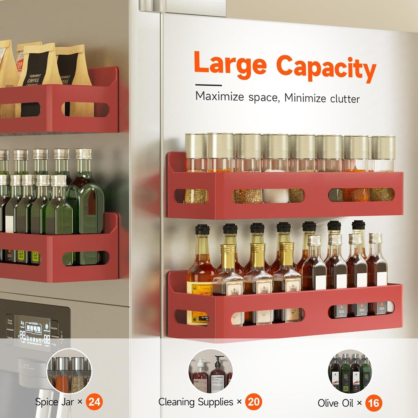4-Pack Magnetic Spice Rack for Refrigerator with Hooks, Black | Strong multipurpose magnetic shelf for kitchen & bathroom organization. Includes 4 removable hooks for hanging items.