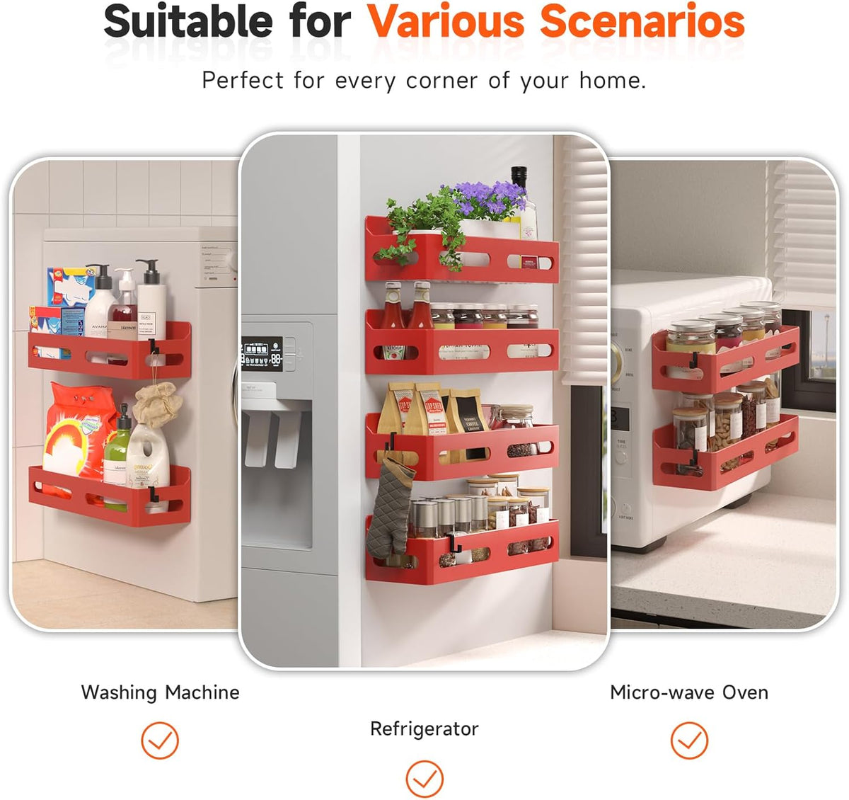 4-Pack Magnetic Spice Rack for Refrigerator with Hooks, Black | Strong multipurpose magnetic shelf for kitchen & bathroom organization. Includes 4 removable hooks for hanging items.