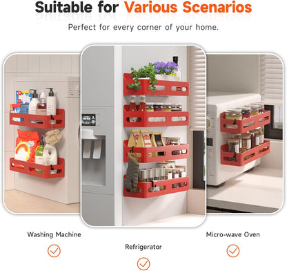 4-Pack Magnetic Spice Rack for Refrigerator with Hooks, Black | Strong multipurpose magnetic shelf for kitchen & bathroom organization. Includes 4 removable hooks for hanging items.