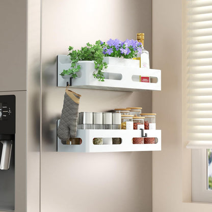 4-Pack Magnetic Spice Rack for Refrigerator with Hooks, Black | Strong multipurpose magnetic shelf for kitchen & bathroom organization. Includes 4 removable hooks for hanging items.