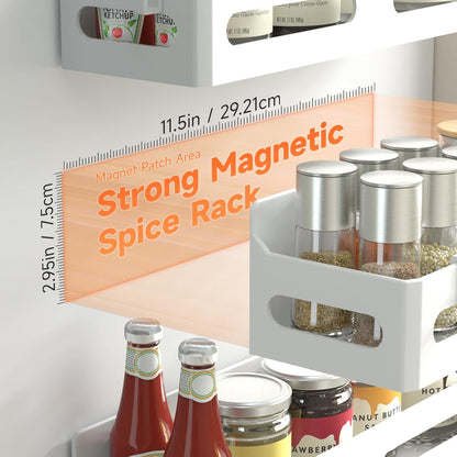 4-Pack Magnetic Spice Rack for Refrigerator with Hooks, Black | Strong multipurpose magnetic shelf for kitchen & bathroom organization. Includes 4 removable hooks for hanging items.