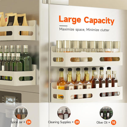 4-Pack Magnetic Spice Rack for Refrigerator with Hooks, Black | Strong multipurpose magnetic shelf for kitchen & bathroom organization. Includes 4 removable hooks for hanging items.
