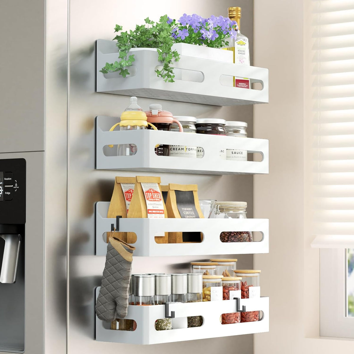 4-Pack Magnetic Spice Rack for Refrigerator with Hooks, Black | Strong multipurpose magnetic shelf for kitchen & bathroom organization. Includes 4 removable hooks for hanging items.