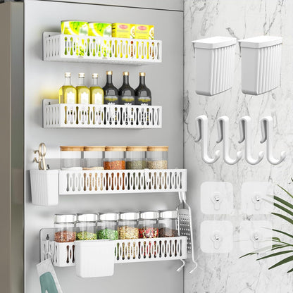 4-Pack Magnetic Spice Rack for Refrigerator with Hooks, Black | Strong multipurpose magnetic shelf for kitchen & bathroom organization. Includes 4 removable hooks for hanging items.
