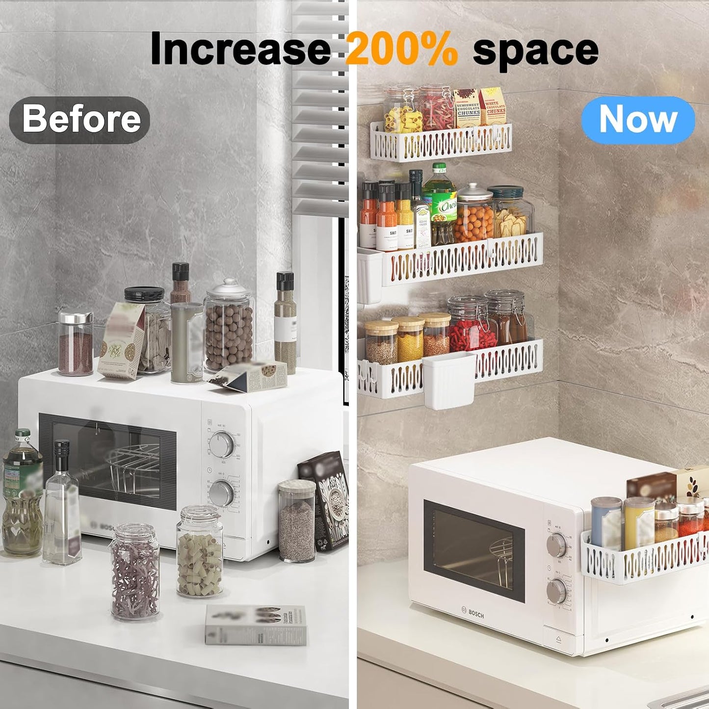 4-Pack Magnetic Spice Rack for Refrigerator with Hooks, Black | Strong multipurpose magnetic shelf for kitchen & bathroom organization. Includes 4 removable hooks for hanging items.