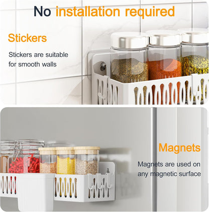 4-Pack Magnetic Spice Rack for Refrigerator with Hooks, Black | Strong multipurpose magnetic shelf for kitchen & bathroom organization. Includes 4 removable hooks for hanging items.
