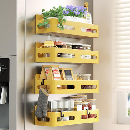 4-Pack Magnetic Spice Rack for Refrigerator with Hooks, Black | Strong multipurpose magnetic shelf for kitchen & bathroom organization. Includes 4 removable hooks for hanging items.