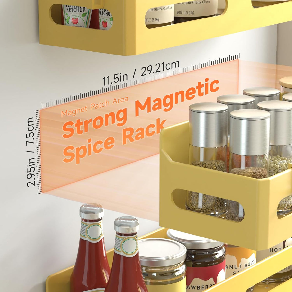 4-Pack Magnetic Spice Rack for Refrigerator with Hooks, Black | Strong multipurpose magnetic shelf for kitchen & bathroom organization. Includes 4 removable hooks for hanging items.