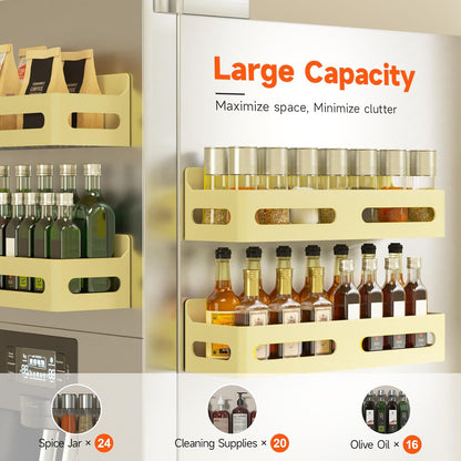 4-Pack Magnetic Spice Rack for Refrigerator with Hooks, Black | Strong multipurpose magnetic shelf for kitchen & bathroom organization. Includes 4 removable hooks for hanging items.