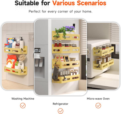 4-Pack Magnetic Spice Rack for Refrigerator with Hooks, Black | Strong multipurpose magnetic shelf for kitchen & bathroom organization. Includes 4 removable hooks for hanging items.