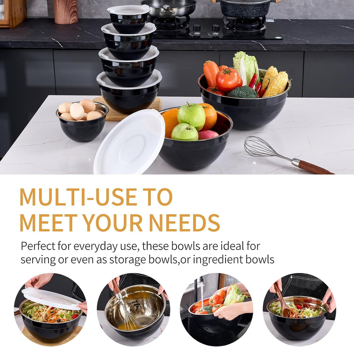 Gold Mixing Bowls With Airtight Lids,Stainless Steel Bowl,Salad Bowls 7 Piece Colorful Nesting Bowl Gold Kitchen Accessories,Size 7,3.6,2.7,2.1,1.5,1.1,0.8QT Stackable Design