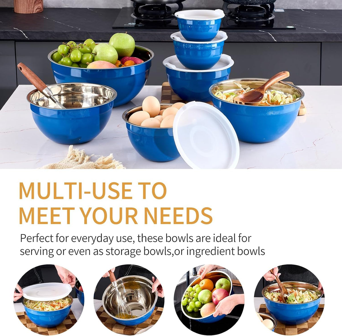 Gold Mixing Bowls With Airtight Lids,Stainless Steel Bowl,Salad Bowls 7 Piece Colorful Nesting Bowl Gold Kitchen Accessories,Size 7,3.6,2.7,2.1,1.5,1.1,0.8QT Stackable Design