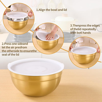 Gold Mixing Bowls With Airtight Lids,Stainless Steel Bowl,Salad Bowls 7 Piece Colorful Nesting Bowl Gold Kitchen Accessories,Size 7,3.6,2.7,2.1,1.5,1.1,0.8QT Stackable Design
