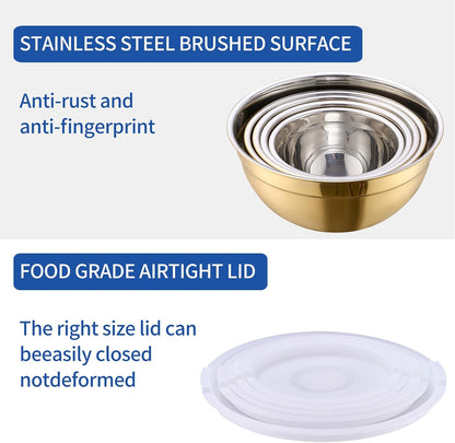 Gold Mixing Bowls With Airtight Lids,Stainless Steel Bowl,Salad Bowls 7 Piece Colorful Nesting Bowl Gold Kitchen Accessories,Size 7,3.6,2.7,2.1,1.5,1.1,0.8QT Stackable Design