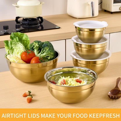 Gold Mixing Bowls With Airtight Lids,Stainless Steel Bowl,Salad Bowls 7 Piece Colorful Nesting Bowl Gold Kitchen Accessories,Size 7,3.6,2.7,2.1,1.5,1.1,0.8QT Stackable Design