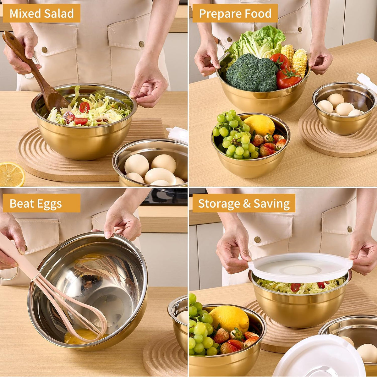 Gold Mixing Bowls With Airtight Lids,Stainless Steel Bowl,Salad Bowls 7 Piece Colorful Nesting Bowl Gold Kitchen Accessories,Size 7,3.6,2.7,2.1,1.5,1.1,0.8QT Stackable Design