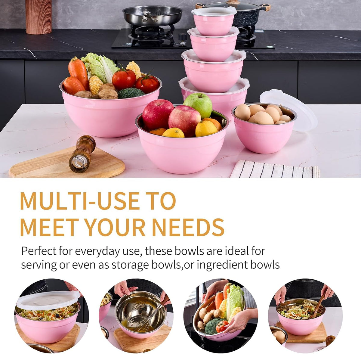 Gold Mixing Bowls With Airtight Lids,Stainless Steel Bowl,Salad Bowls 7 Piece Colorful Nesting Bowl Gold Kitchen Accessories,Size 7,3.6,2.7,2.1,1.5,1.1,0.8QT Stackable Design