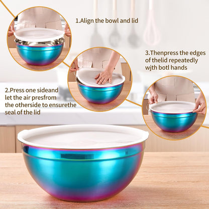 Gold Mixing Bowls With Airtight Lids,Stainless Steel Bowl,Salad Bowls 7 Piece Colorful Nesting Bowl Gold Kitchen Accessories,Size 7,3.6,2.7,2.1,1.5,1.1,0.8QT Stackable Design