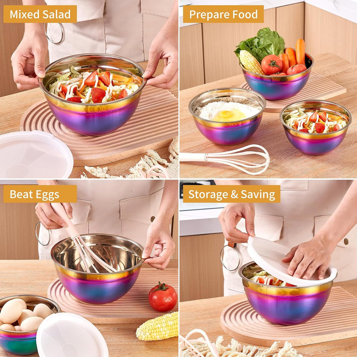 Gold Mixing Bowls With Airtight Lids,Stainless Steel Bowl,Salad Bowls 7 Piece Colorful Nesting Bowl Gold Kitchen Accessories,Size 7,3.6,2.7,2.1,1.5,1.1,0.8QT Stackable Design