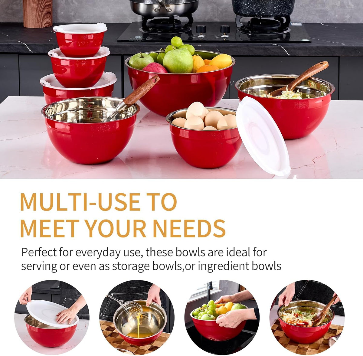 Gold Mixing Bowls With Airtight Lids,Stainless Steel Bowl,Salad Bowls 7 Piece Colorful Nesting Bowl Gold Kitchen Accessories,Size 7,3.6,2.7,2.1,1.5,1.1,0.8QT Stackable Design