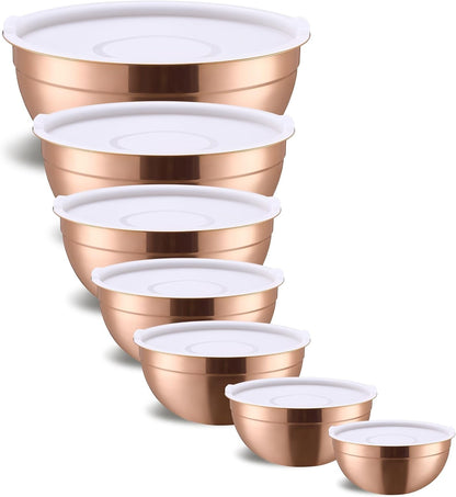 Gold Mixing Bowls With Airtight Lids,Stainless Steel Bowl,Salad Bowls 7 Piece Colorful Nesting Bowl Gold Kitchen Accessories,Size 7,3.6,2.7,2.1,1.5,1.1,0.8QT Stackable Design