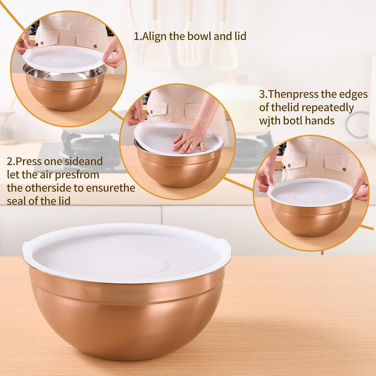 Gold Mixing Bowls With Airtight Lids,Stainless Steel Bowl,Salad Bowls 7 Piece Colorful Nesting Bowl Gold Kitchen Accessories,Size 7,3.6,2.7,2.1,1.5,1.1,0.8QT Stackable Design