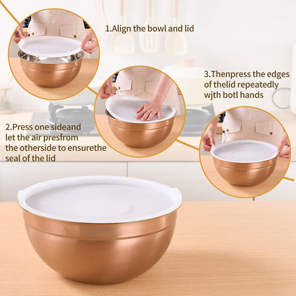 Gold Mixing Bowls With Airtight Lids,Stainless Steel Bowl,Salad Bowls 7 Piece Colorful Nesting Bowl Gold Kitchen Accessories,Size 7,3.6,2.7,2.1,1.5,1.1,0.8QT Stackable Design