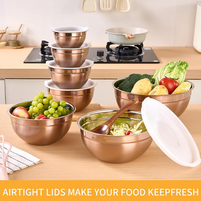 Gold Mixing Bowls With Airtight Lids,Stainless Steel Bowl,Salad Bowls 7 Piece Colorful Nesting Bowl Gold Kitchen Accessories,Size 7,3.6,2.7,2.1,1.5,1.1,0.8QT Stackable Design