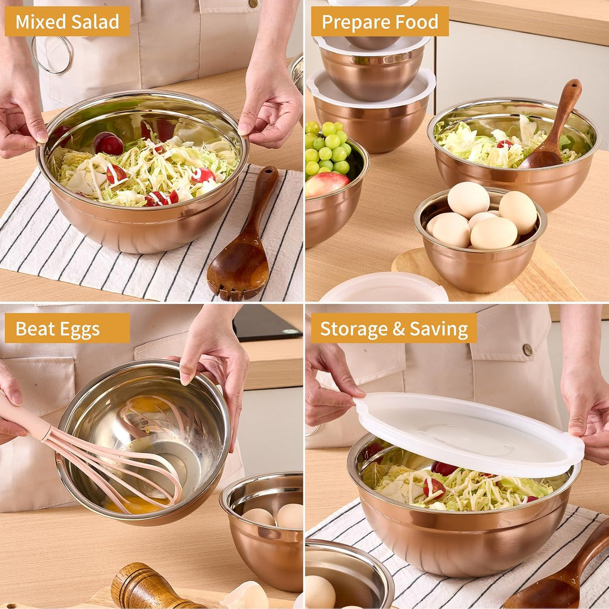 Gold Mixing Bowls With Airtight Lids,Stainless Steel Bowl,Salad Bowls 7 Piece Colorful Nesting Bowl Gold Kitchen Accessories,Size 7,3.6,2.7,2.1,1.5,1.1,0.8QT Stackable Design