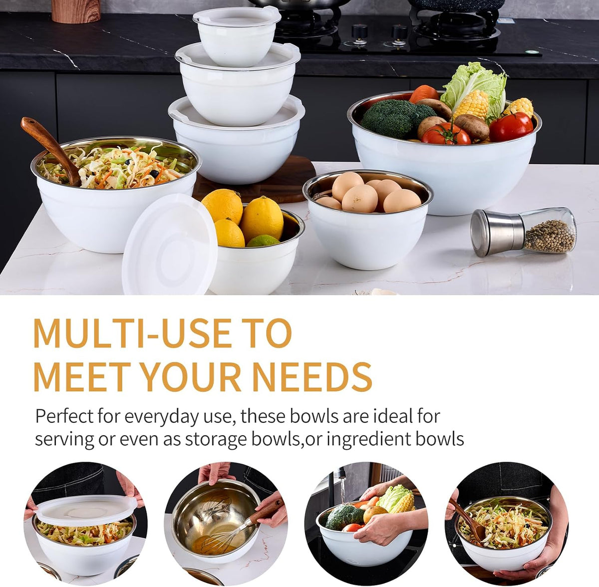 Gold Mixing Bowls With Airtight Lids,Stainless Steel Bowl,Salad Bowls 7 Piece Colorful Nesting Bowl Gold Kitchen Accessories,Size 7,3.6,2.7,2.1,1.5,1.1,0.8QT Stackable Design
