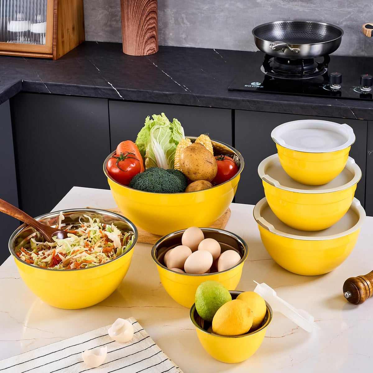 Gold Mixing Bowls With Airtight Lids,Stainless Steel Bowl,Salad Bowls 7 Piece Colorful Nesting Bowl Gold Kitchen Accessories,Size 7,3.6,2.7,2.1,1.5,1.1,0.8QT Stackable Design