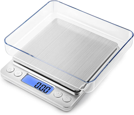 Kitchen Scale, Digital Food Scale Weight Grams and OZ for Cooking Baking, Coffee, Loss Dieting, Jewelry and Meal Prep, 2 Trays, LCD, Auto Off, Tare Function, Stainless Steel(500g/0.01g)
