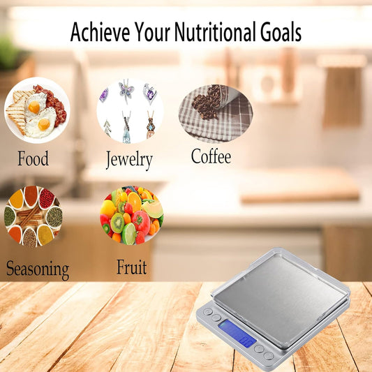 Kitchen Scale, Digital Food Scale Weight Grams and OZ for Cooking Baking, Coffee, Loss Dieting, Jewelry and Meal Prep, 2 Trays, LCD, Auto Off, Tare Function, Stainless Steel(500g/0.01g)