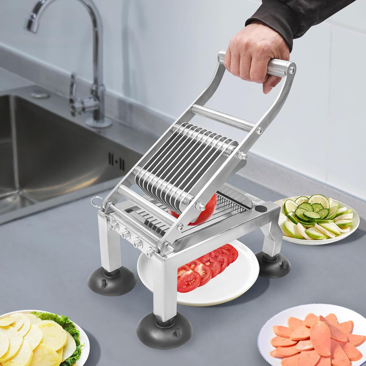 Commercial Egg Slicer Heavy Duty Vegetable Slicer Manual Tomato Cutter, 4”/10mm Thickness Stainless Steel Cucumber Onion Slicer Tool with 4 Suction Cups for Restaurant or Home Use