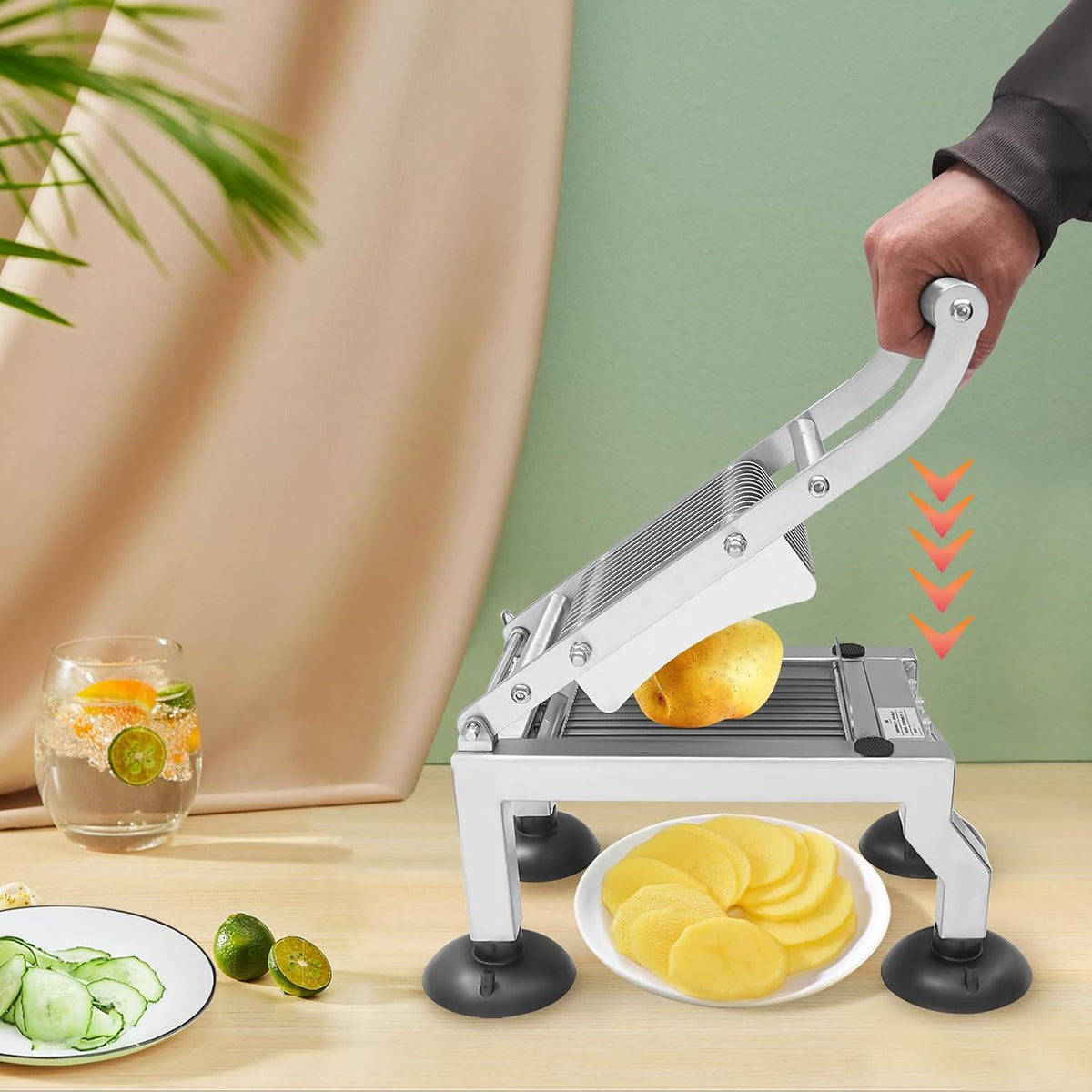 Commercial Egg Slicer Heavy Duty Vegetable Slicer Manual Tomato Cutter, 4”/10mm Thickness Stainless Steel Cucumber Onion Slicer Tool with 4 Suction Cups for Restaurant or Home Use
