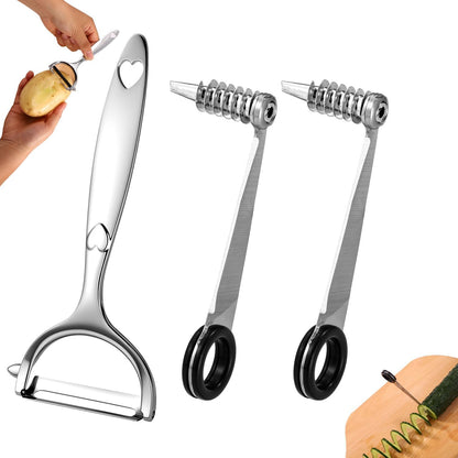 2pcs Vegetable Spiral Cutters & 1pcs V-Shaped Veggies Peeler Spiralizer Tool, Stainless Steel Manual Spiral Practical Kitchen Knife Set Accessories for Cucumber Potato Carrot Fruits (Silver)